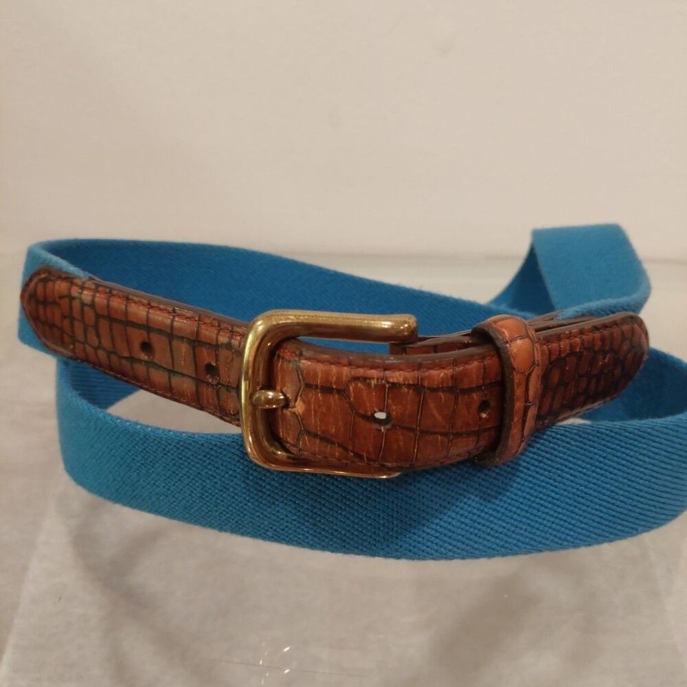 Orvis Blue Canvas Brown Embossed Leather Golf Belt Brass Buckle Men's Sz 42-46